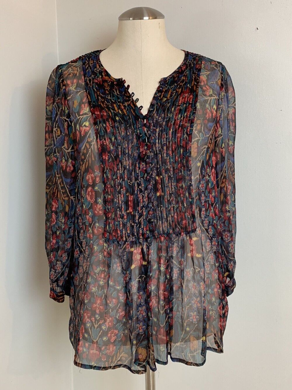 Joie Blouse Peasant Boho Top Sheer Silk Floral Bohemian Button Pullover Top S